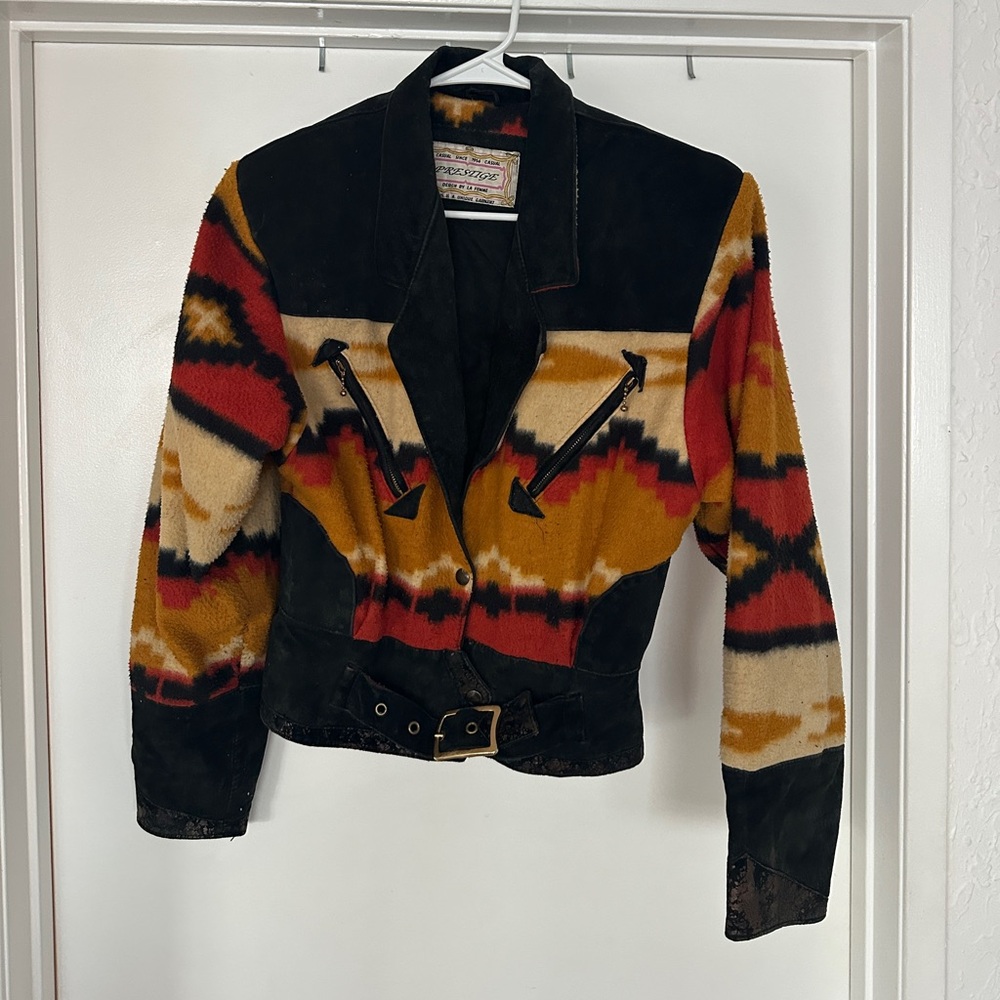 Incredible Vintage Southwestern Pattern Suede Jacket - Black, Mustard & Red